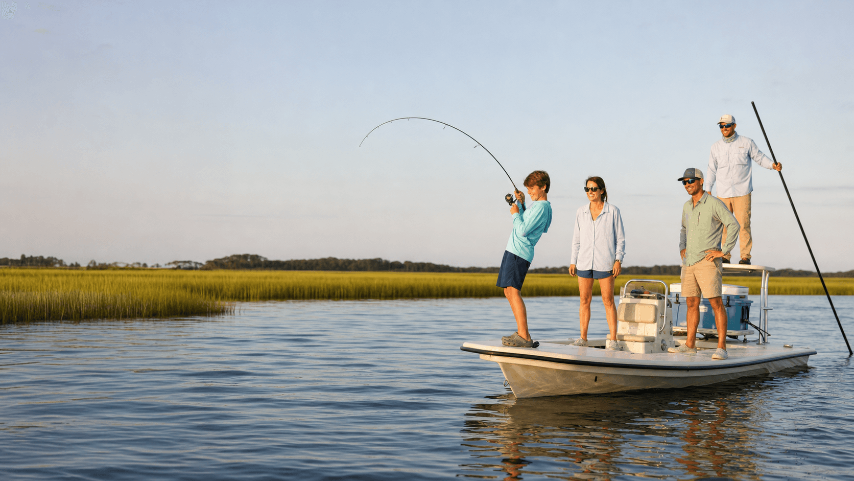 Family redfishing with a guide on the Carolina coastal flats