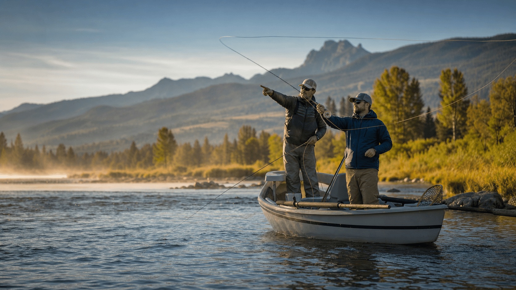 Fly-fishing guide coaching a guest from a drift boat on a mountain river