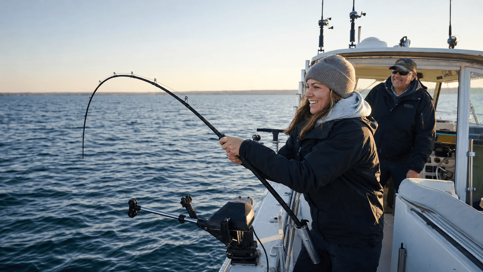 Woman fighting a salmon with her captain on Lake Ontario